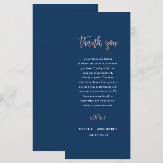 Marine et Rose Gold Glam Chic Mariage Carte de rem (Devant / Derrière)
