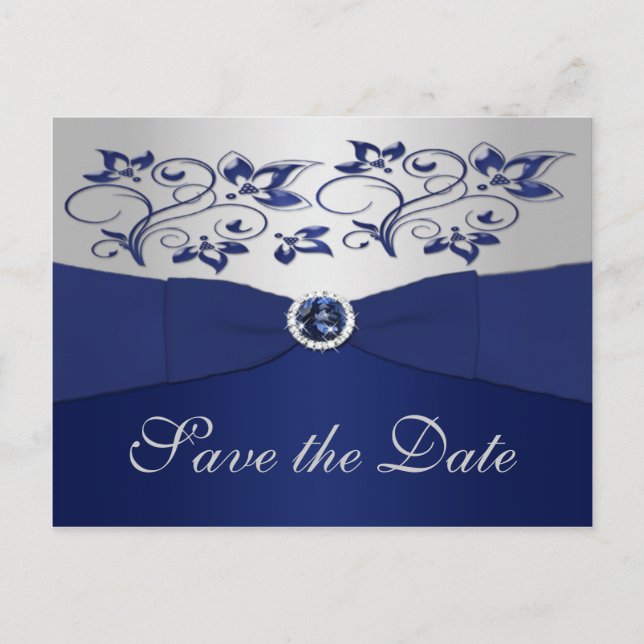 Marine et Silver Floral Enregistrer la date Carte  (Devant)