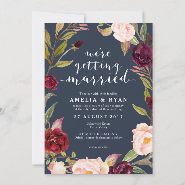 Marine Floral Bourgogne Faire-part de mariage feui (Devant)