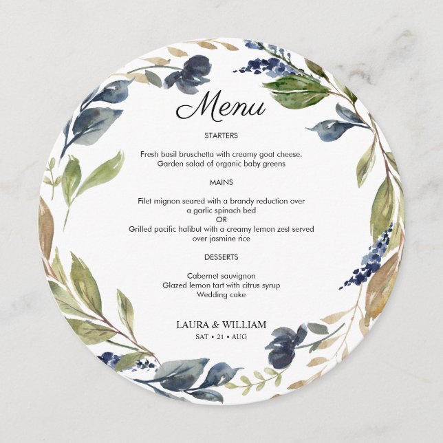 Marine Floral Greenery Menu Feuille Round Menu (Devant)