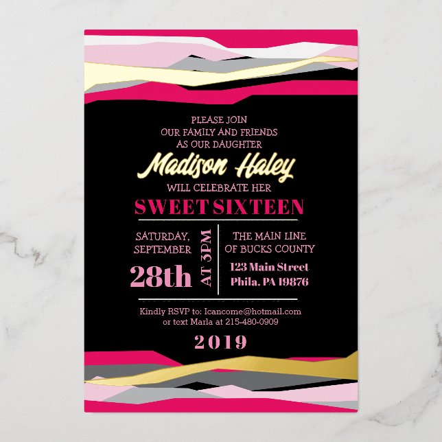 Marine Fuchsia Sweet sixteen 16 Invitation Rose or (Recto)
