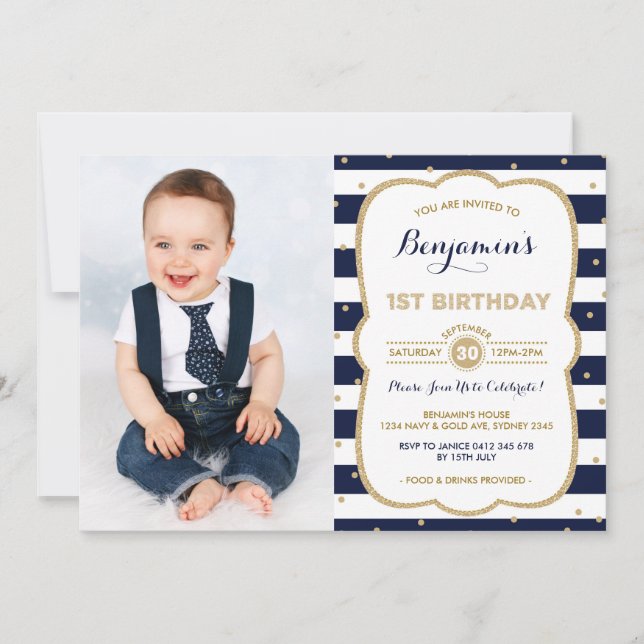 Marine Gold Boy 1er anniversaire Invitation Prince (Devant)
