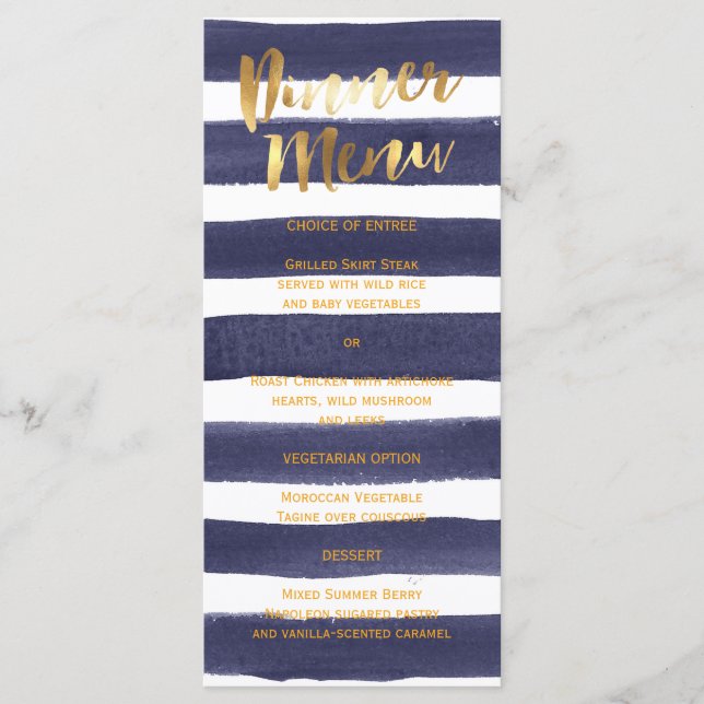 Marine Gold Watercolor Stripes Mariage Dîner Menu (Devant)