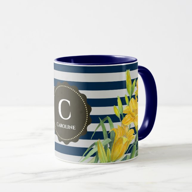 Marine Grey Stripes Aquarelle Jaune Lys Jaune Mug (Devant droit)