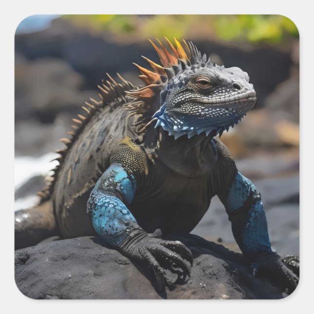 marine iguana on the rocks on beach square sticker (Front)