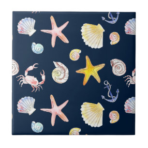 Marine Life & Anchors (Dark) Ceramic Tile