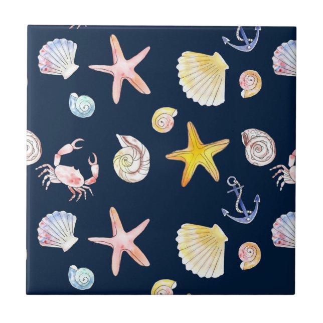 Marine Life & Anchors (Dark) Ceramic Tile (Front)