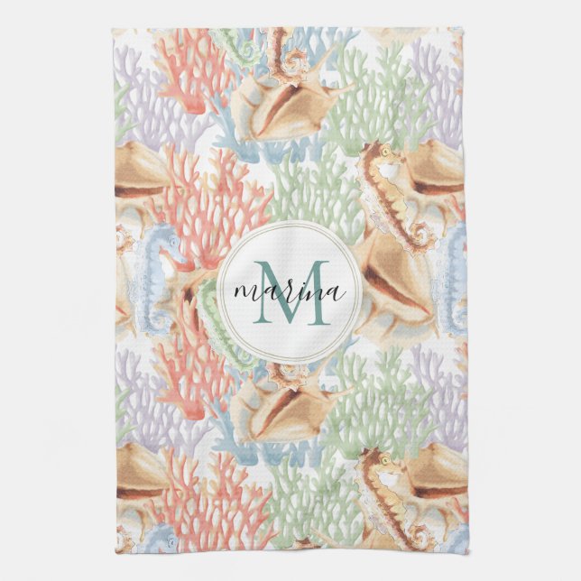 Marine Life, Colourful Underwater Monogram Kitchen Towel (Vertical)