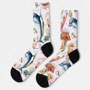 Marine Life Dolphins Seahorses Beach Pattern White Socks