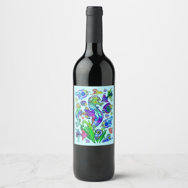 Marine Life Exotic Fishes & SeaHorses Wine Label (Front)