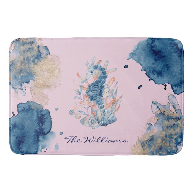 Marine Life| Modern Watercolor Seahorse Bath Mat (Front)