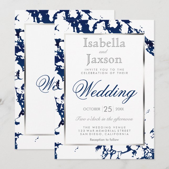 Marine Marbre Bleu, Argent et Invitation Blanche (Devant / Derrière)