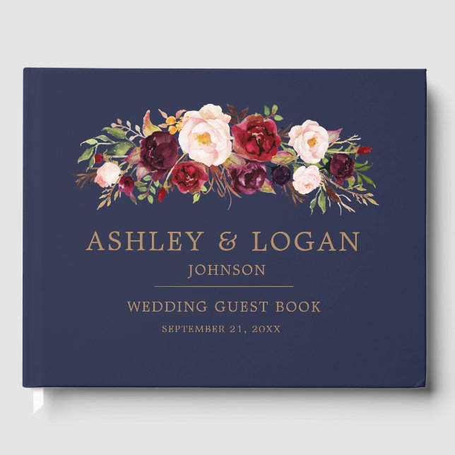 Marine Marsala Floral Élégant Mariage Livre d'invi (Recto)