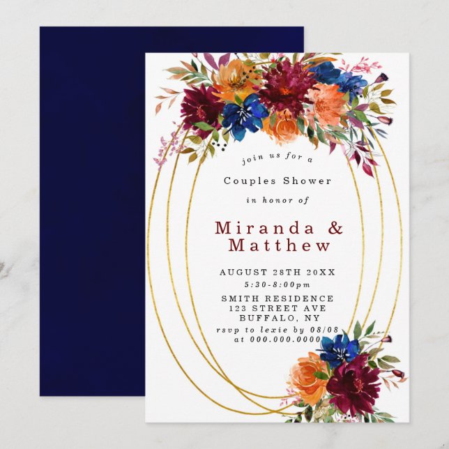 Marine Marsala Orange Floral Couples Invitation de (Devant / Derrière)