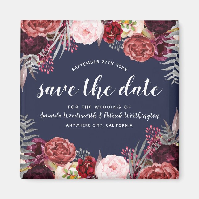 Marine Marsala Peony Mariage Sauvez la date Magnet (Devant)