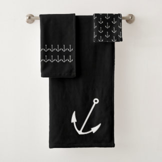 Marine Nautical Anchor  Bathroom black white Bath Towel Set