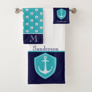 Marine Nautical Anchor Bathroom White Teal Navy Bath Towel Set