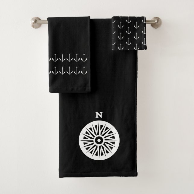 Marine Nautical Anchor compas Bathroom black white Bath Towel Set (Insitu)