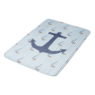 Marine Nautical Sailing Ship White and Blue Stripe Bath Mat