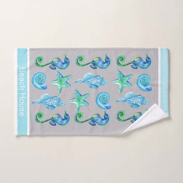 Marine Nautical Seahorse Custom Teal Aqua & Grey Bath Towel Set (Hand Towel)