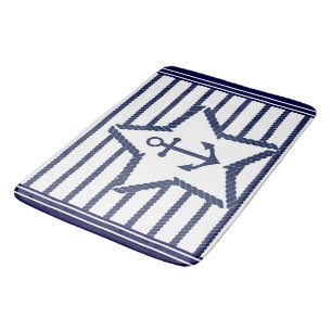 Marine Pattern Blue White Sea and Nautical Anchor  Bath Mat