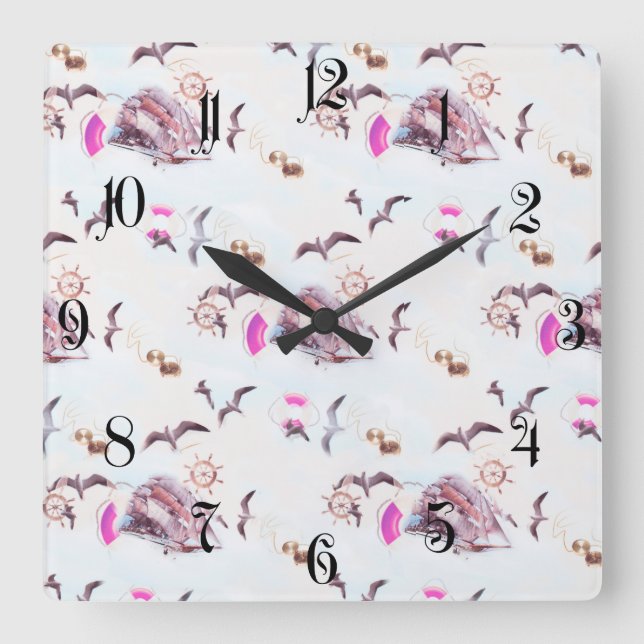 Marine pattern square wall clock (Front)