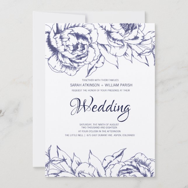 Marine Peony Faire-part de mariage simple (Devant)