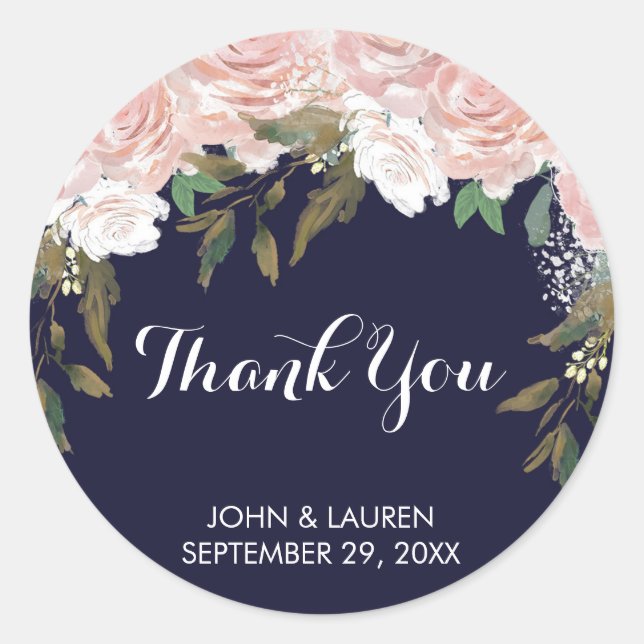 Marine rose pâle floral merci stickers mariage (Devant)