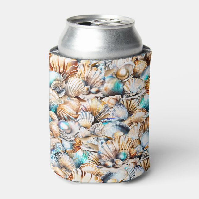 Marine sea shell pearl iridescent nautical pattern can cooler (Can Front)
