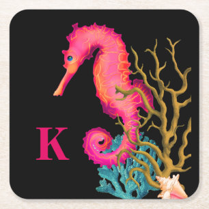 Marine Seahorse Pink Chic Square Paper Coaster