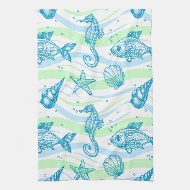 Marine Sketch Pattern Kitchen Towel (Vertical)