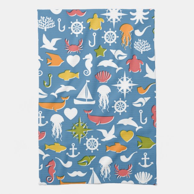 Marine Symbols Pattern Kitchen Towel (Vertical)