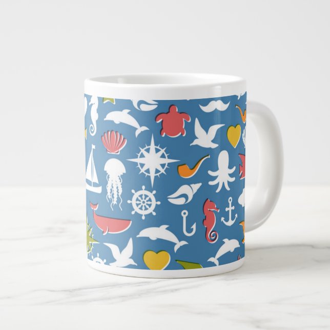 Marine Symbols Pattern Large Coffee Mug (Front Right)