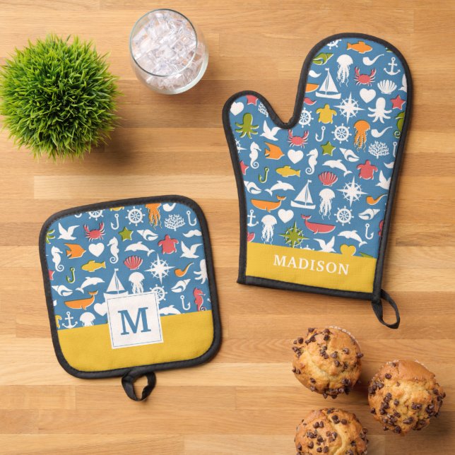 Marine Symbols Pattern Oven Mitt & Pot Holder Set (Top Down)