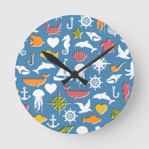Marine Symbols Pattern Round Clock