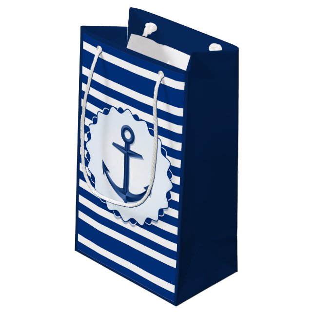 Marine Theme Blue and White Stripe with Anchor    Small Gift Bag (Back Angled)
