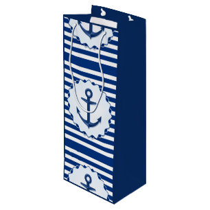 Marine Theme Blue and White Stripe with Anchor   Wine Gift Bag
