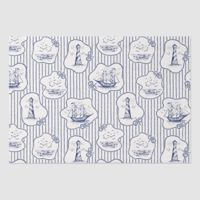  Marine Theme Blue White Stripe Lighthouse Ship   Tissue Paper (Front)