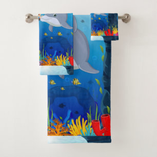 Marine Theme Diving with Dolphin Fish Coral Reed  Bath Towel Set
