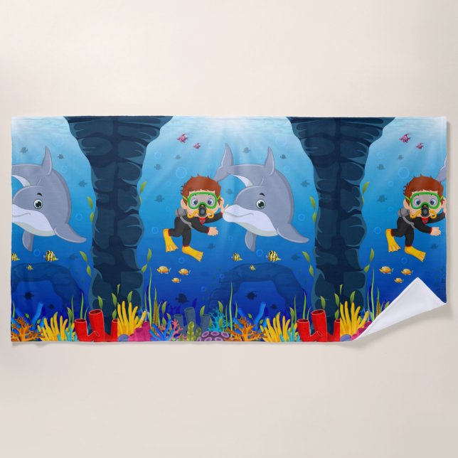Marine Theme Diving with Dolphin Fish Coral Reed   Beach Towel (Front)