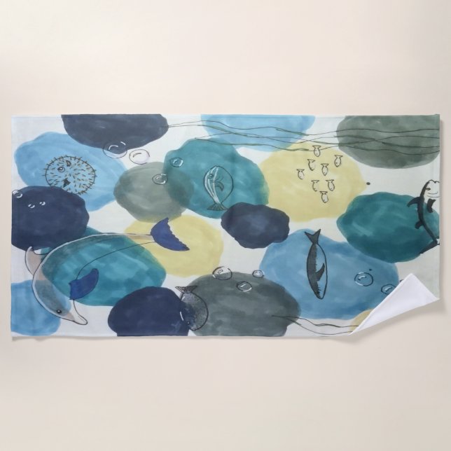 Marine Themed Fish Sea Life Beach Towel (Front)