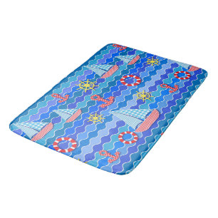 Marine Wave Red Blue Anchor Boat Sail Ship Wheel Bath Mat