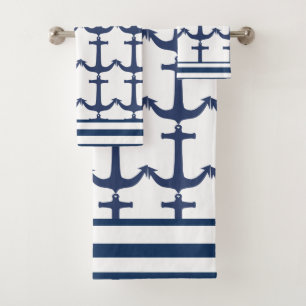 Marine White Blue Nautical Anchor stripe Bath Towel Set