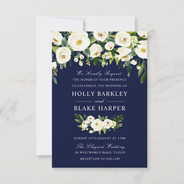 Marine & White Floral Green Faire-part de mariage (Devant)