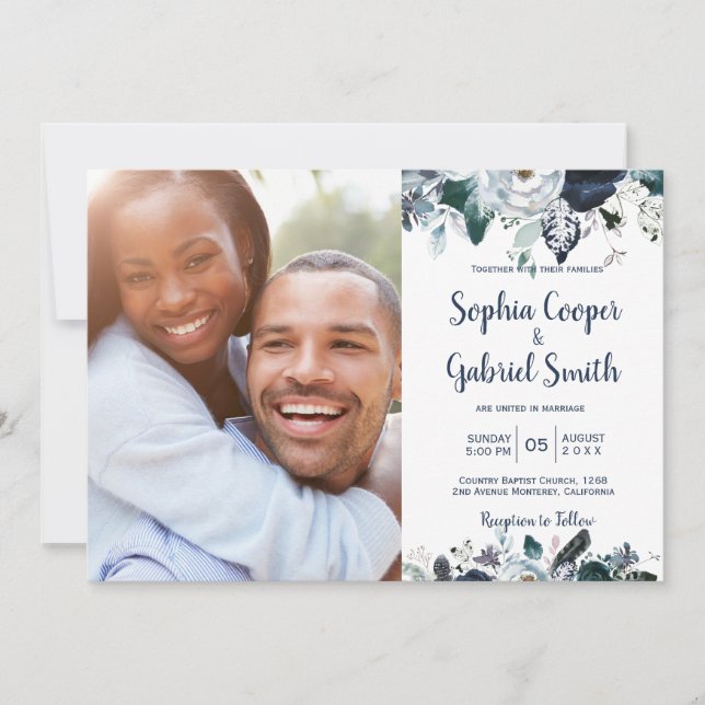 Marine White Floral Photo Invitations de mariage (Devant)
