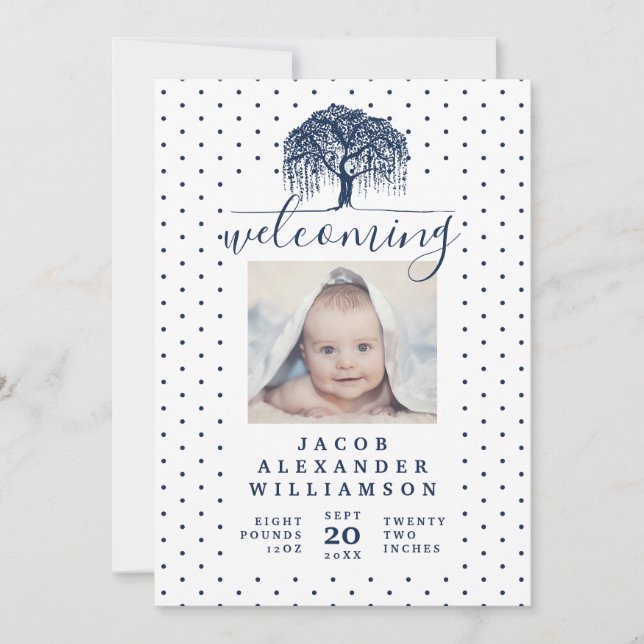 Marine Willow Family Tree Baby Faire-part de naiss (Devant)