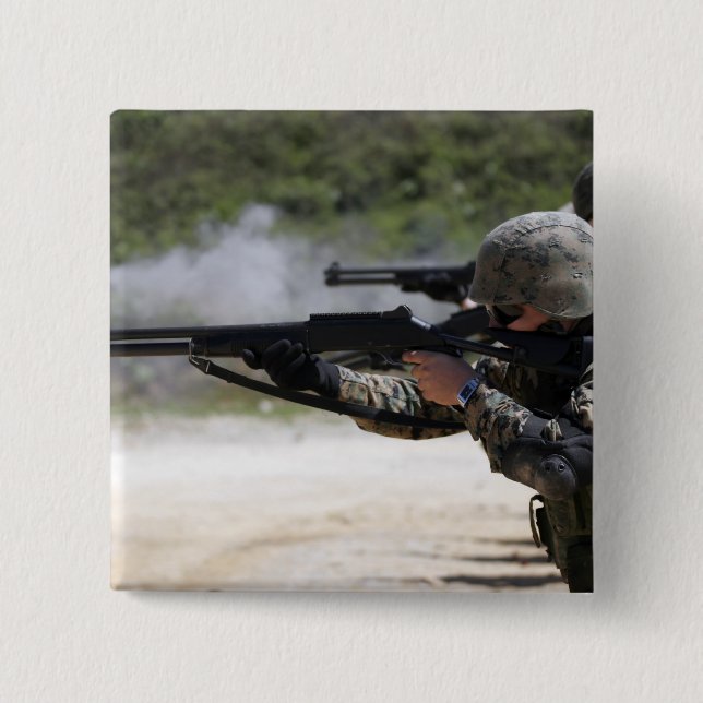 Marines firing shotguns 2 inch square button (Front)