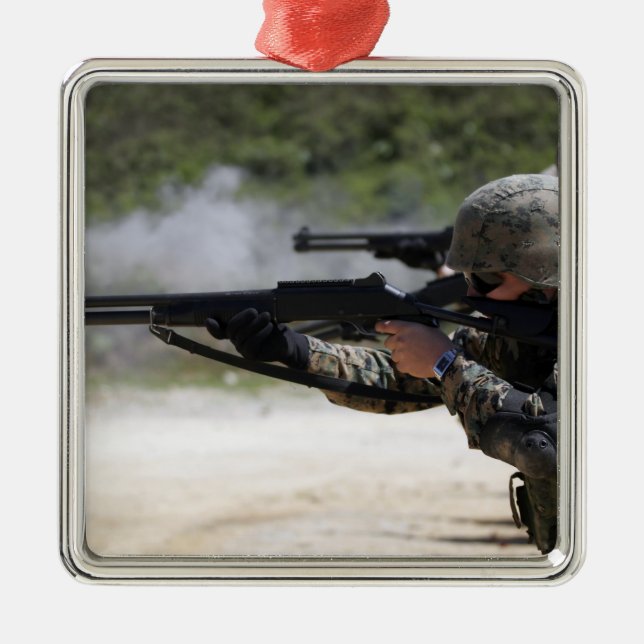 Marines firing shotguns metal ornament (Front)