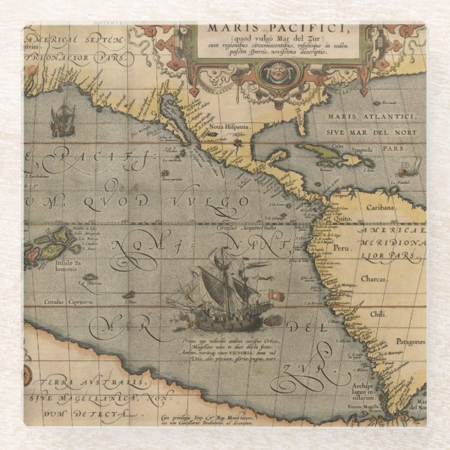 Maris Pacifici Antique Americas Map Glass Coaster (Front)