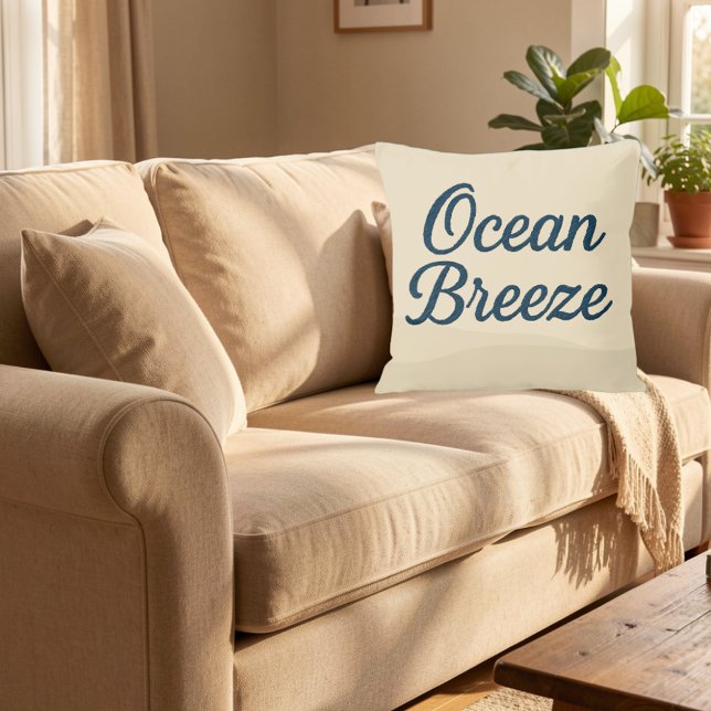 Maritime beige & Navy Blue Script ocean breeze  Throw Pillow (Creator Uploaded)